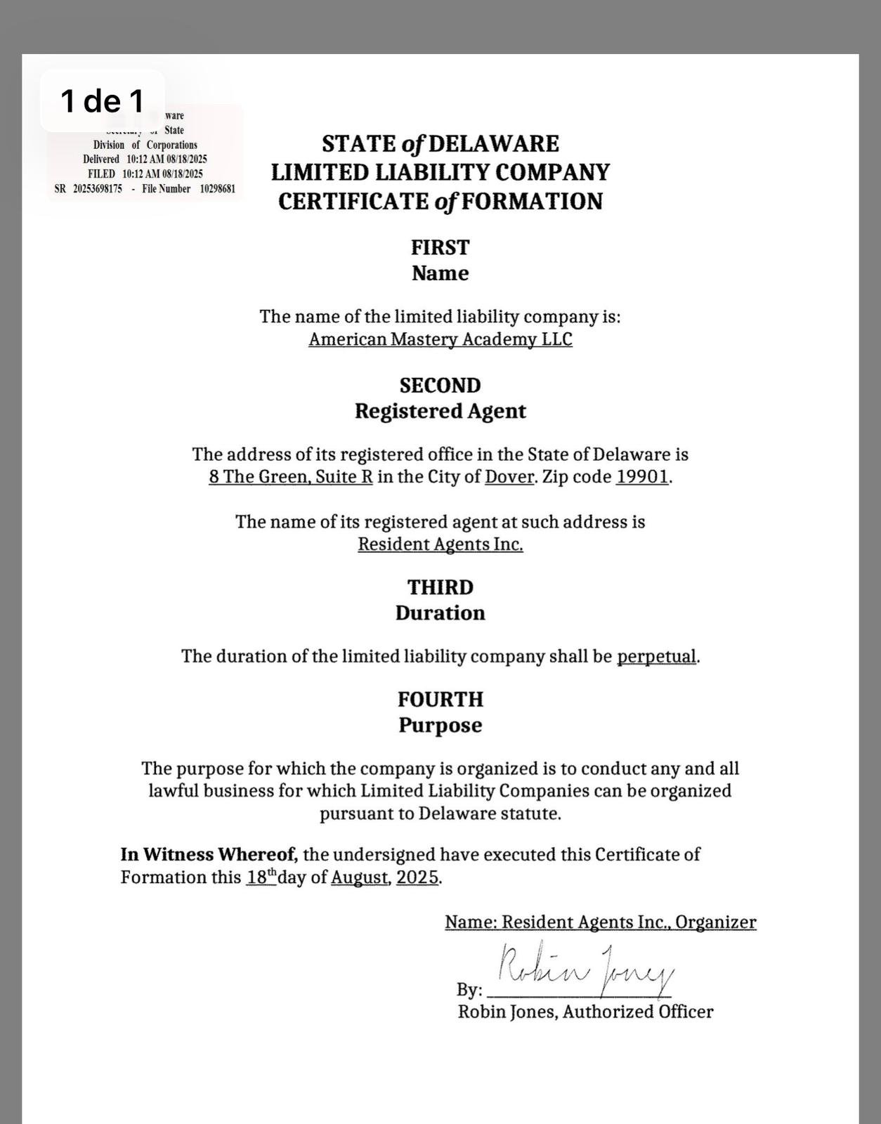 Certificate of Formation - American Master Academy LLC